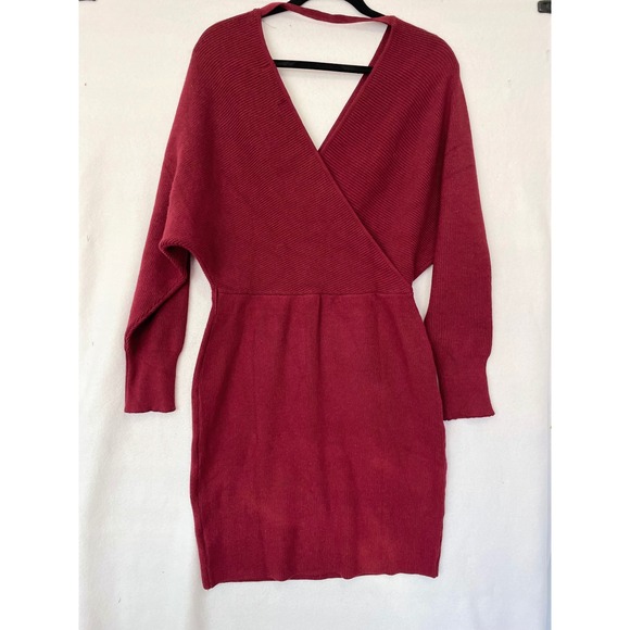 ZESICA Wrap Sweater Dress Women XL Burgundy New Ribbed Batwing V-Neck Mini Tie - Picture 11 of 11